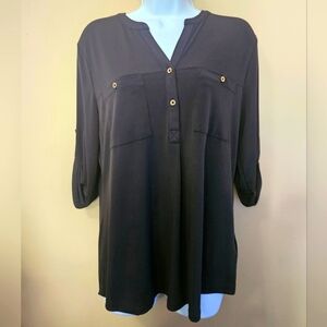 Ellen Tracy Women's Size M Brown Top 3/4 Roll Tab Sleeve Front Pockets